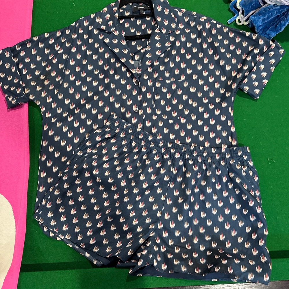 Theory Women’s  Blue Patterned Button Down Summer Shirt and Shorts